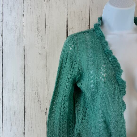 W by Worth Teal Mohair Blend Open Knit Tie Front Cropped Sweater Size Medium - Picture 2 of 10